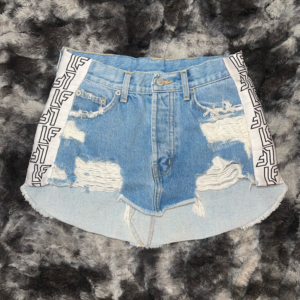 Carmar Two-Tone Distressed Denim Mini Skirt with Graphic White Side Trim